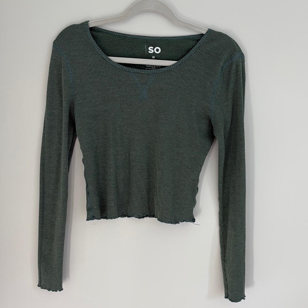 SO Green Ribbed Long Sleeve Crop Blouse